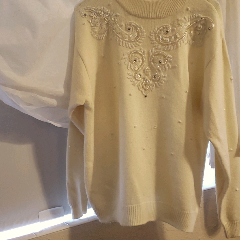 Vintage Cream Beaded Mock Neck Soft Sweater